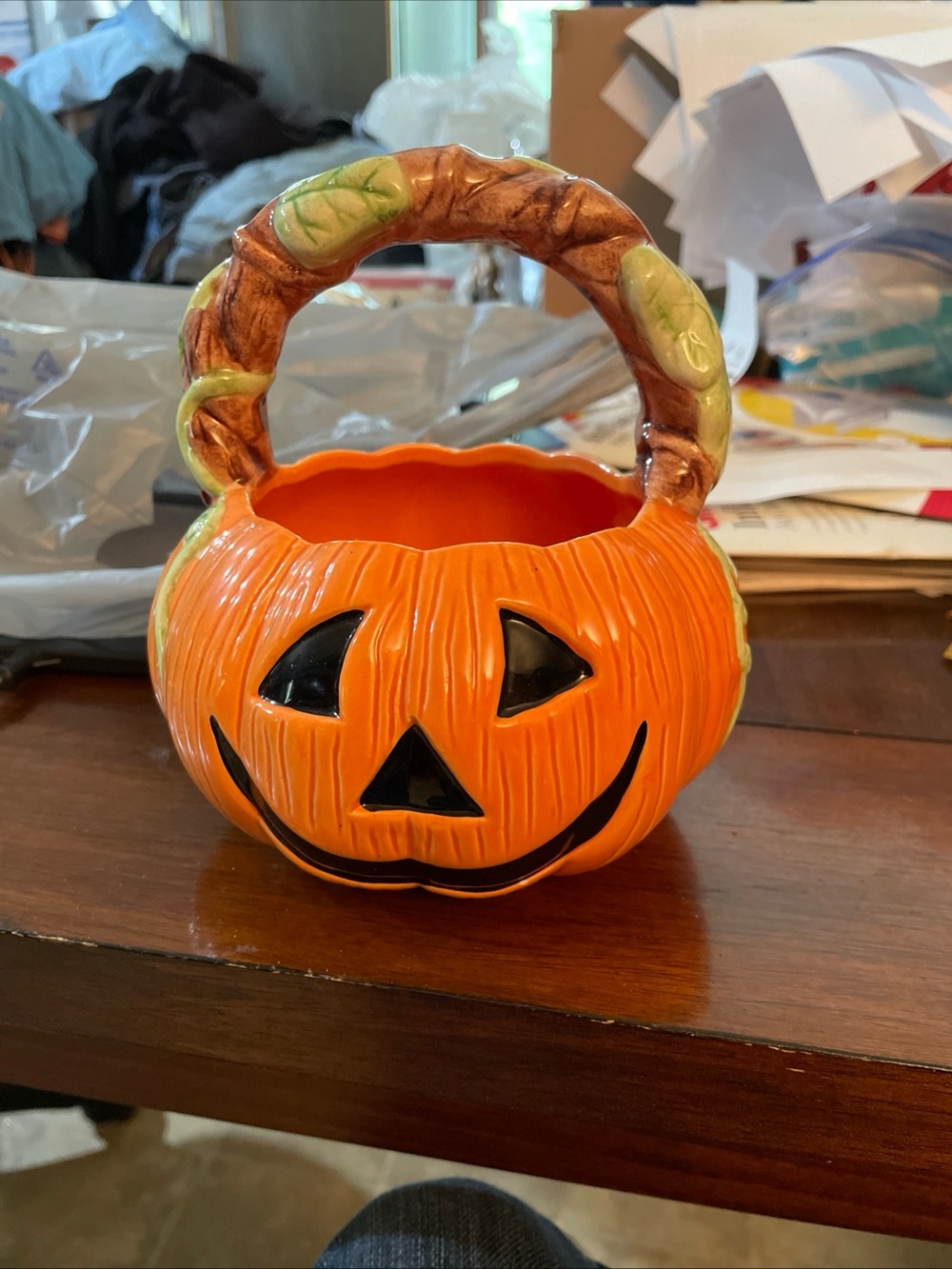 Jack’o Lantern Candy Bucket 7” Halloween Vtg Pumpkin Ceramic Basket -